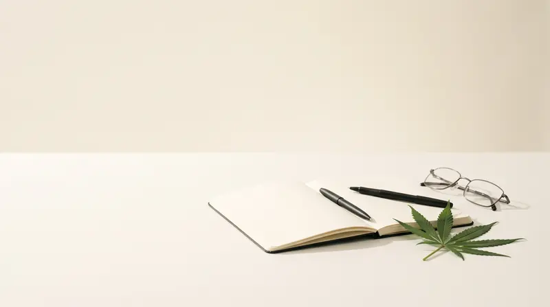 Caderno aberto, caneta, óculos e folha de cannabis sobre bancada clara