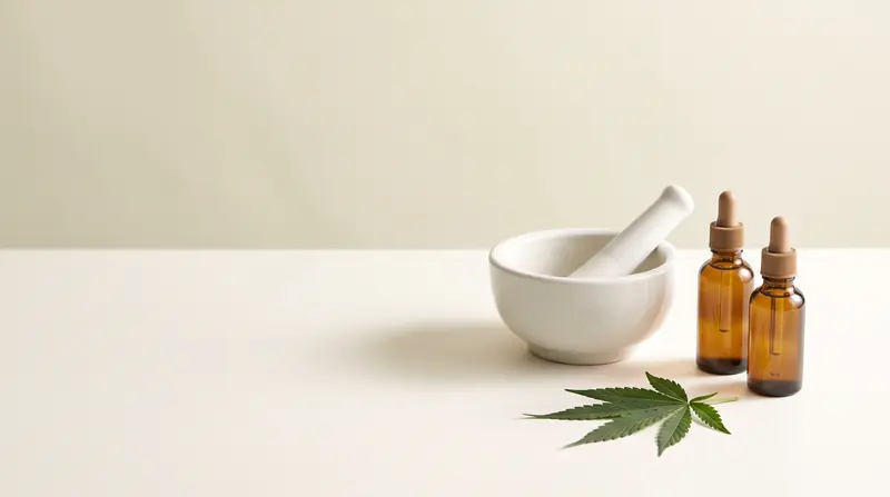 Almofariz, frascos âmbar e folha de cannabis sobre bancada clara