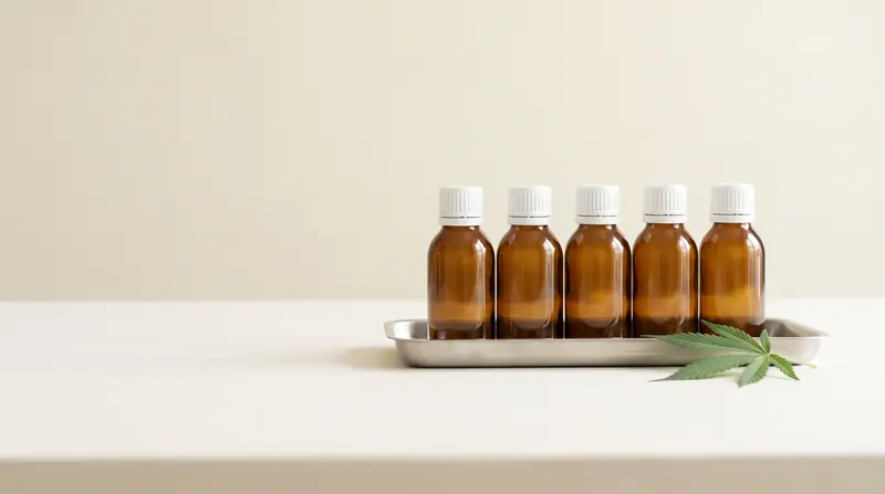 Fileira de frascos farmacêuticos em bandeja de inox e folha de cannabis