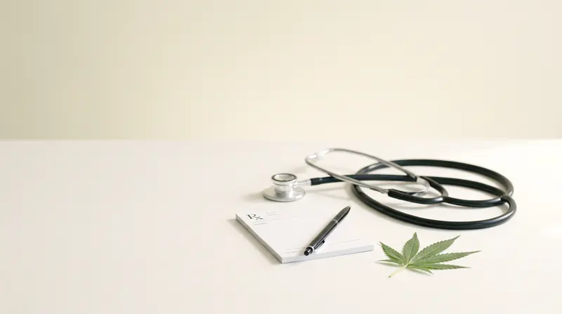Estetoscópio, receituário e folha de cannabis sobre bancada clara