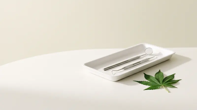 Instrumentos odontológicos em bandeja e folha de cannabis sobre bancada clara