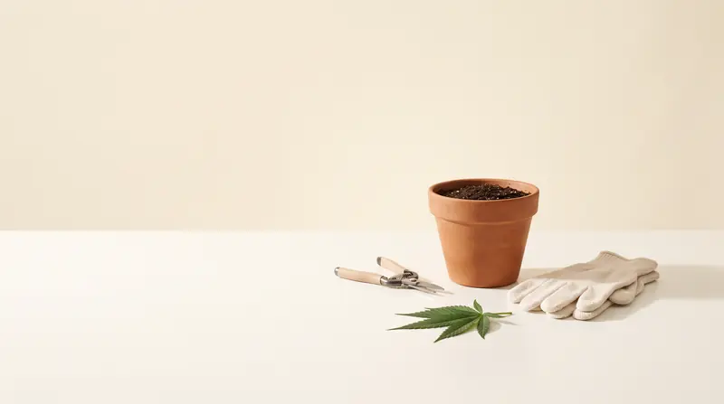 Vaso de barro com terra, tesoura de poda, luvas e folha de cannabis