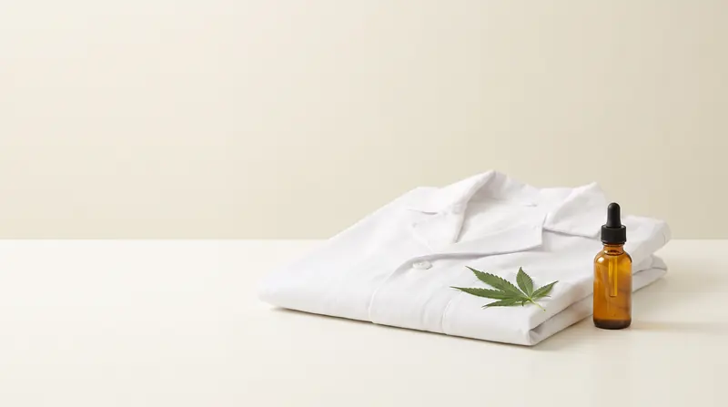Jaleco dobrado, frasco âmbar e folha de cannabis sobre bancada clara