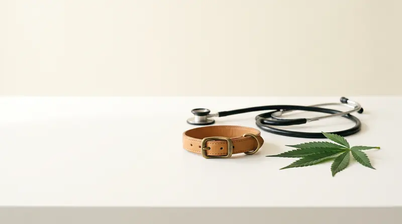 Estetoscópio, coleira de cachorro e folha de cannabis sobre bancada clara